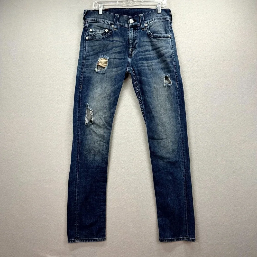 True Religion Jeans Mens 32x34 Blue Denim Pants Distressed Faded Slim Midnight